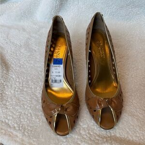 Franco Sarto Tan Peep Toe Heels with Bow